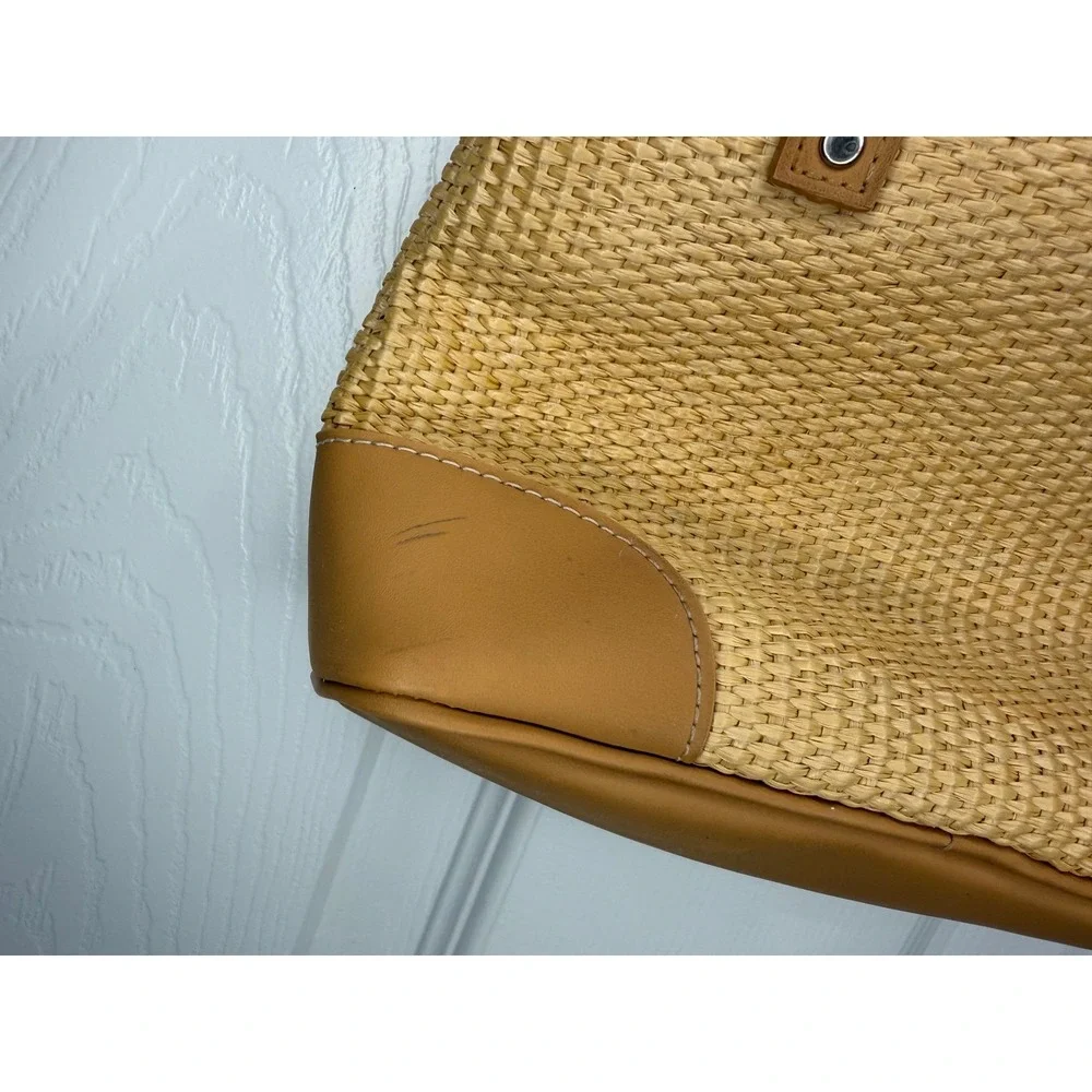 Nine West Straw Woven Tote Handbag Crossbody Bag Tan Leather‎ Trim